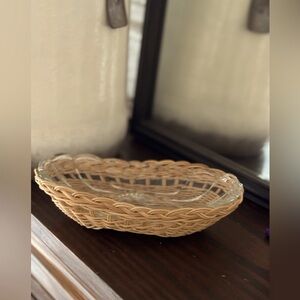 Vintage Cut Glass Dish in Woven Boho Wicker Basket. Trinket/Butter Dish 8” L EUC
